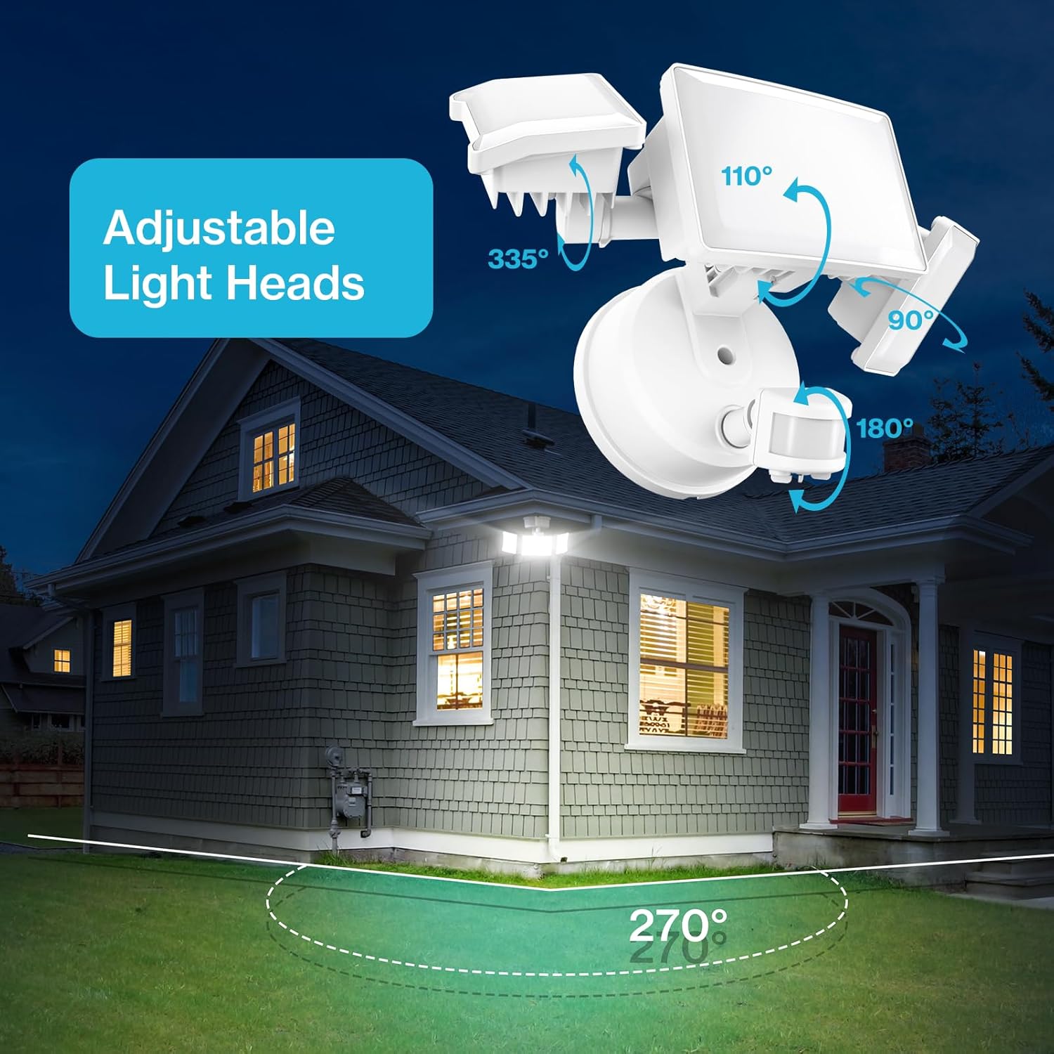 Olafus 65W Motion Sensor Outdoor Light, 2 Pack LED Security Light 6000LM, 6500K Exterior Motion Flood Light with 3 Adjustable Heads, for Outside Garage, Yard, Patio, IP65 Waterproof, White