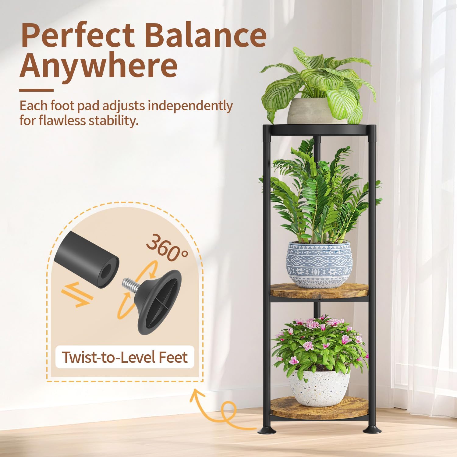 LASZOLA 3 Tier Black Plant Stand Indoor for Large Tall Heavy Duty Flower Planter, Metal Vertical Multi Level Rack for Narrow Floor Corner, Sturdy Round Holder Organizer, Modern, Mid Century, Farmhouse