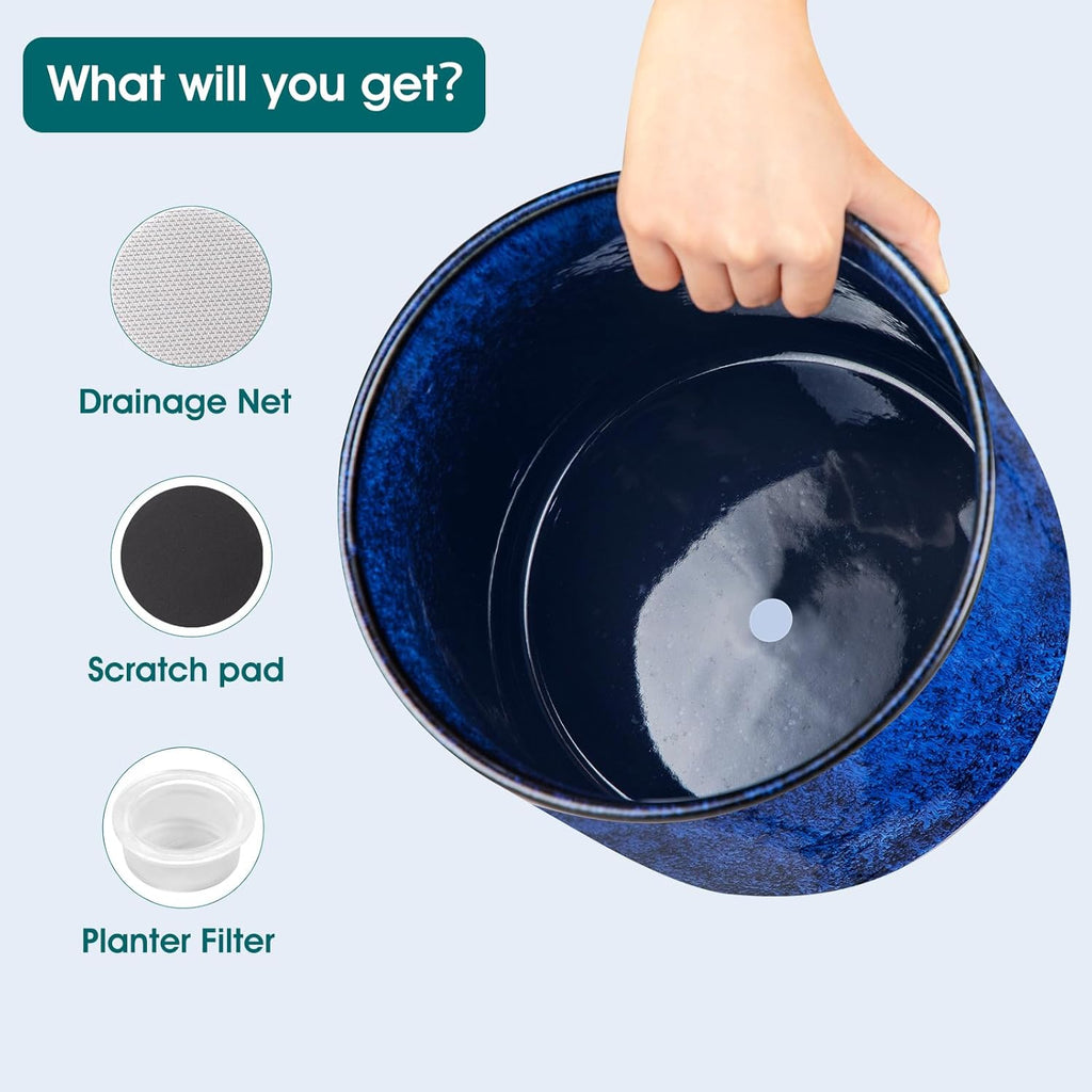 vancasso 6"+8"+10" Ceramic Pot for Plants, Large Outdoor Indoor Planter Pots with Drainage Holes, Set of 3, Blue