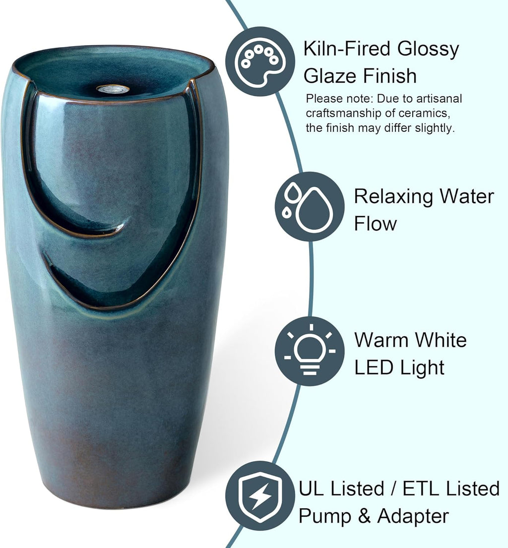 Glitzhome 29.25" H Oversized Ceramic Vase Outdoor Water Fountain Tall Patio Garden Water Fountain with LED Light and Submersible Pump Yard Art Decor, Turquoise