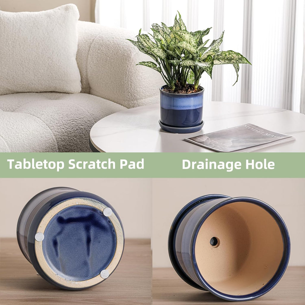 5.8 Inch Plant Pot: Ceramic Planter with Drainage Hole & Saucer for Indoor Outdoor Plants - Flowerpot with Bonded Tray for Home Office - Blue Reactive Glaze