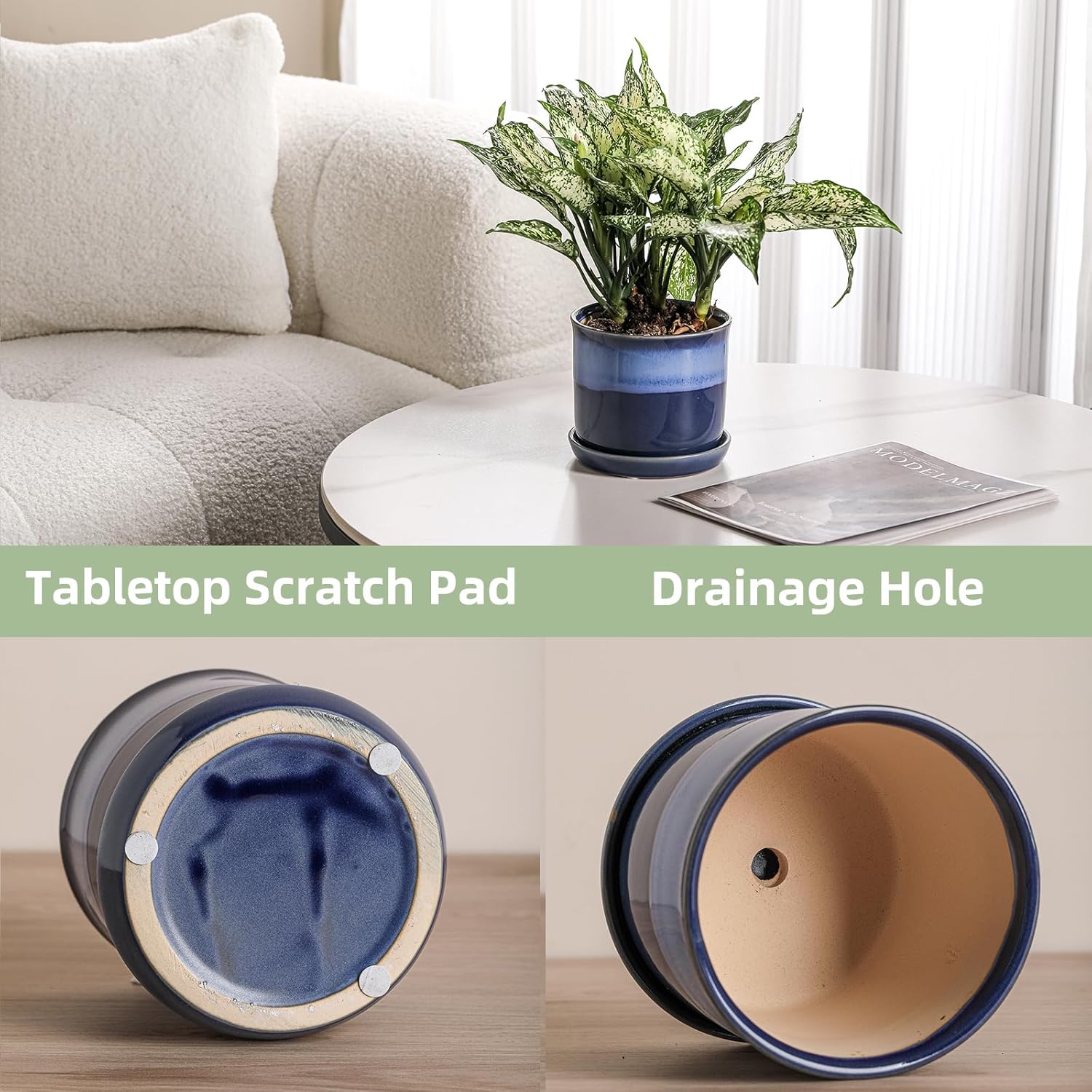 5.8 Inch Plant Pot: Ceramic Planter with Drainage Hole & Saucer for Indoor Outdoor Plants - Flowerpot with Bonded Tray for Home Office - Blue Reactive Glaze
