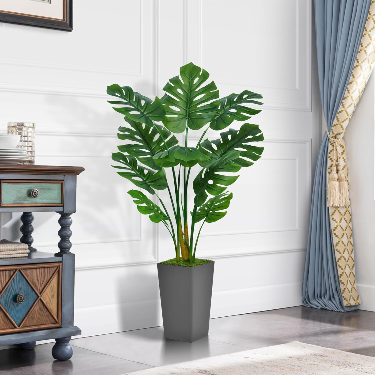 Artificial Monstera Deliciosa Plant 5FT - Faux Tropical Palm Tree with Gray Tall Planter - Fake Swiss Cheese Floor Plant Potted - Artificial Tree for Home Office Living Room Decor Indoor