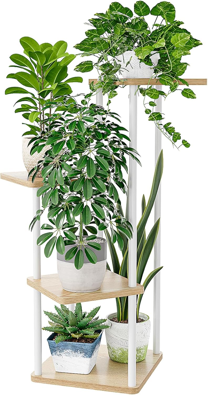Bamworld Small Plant Stand Indoor 4 Tier Metal Plant Shelf for Multiple Plants Corner Flower Stand for Patio Garden Balcony Living Room Bedroom White