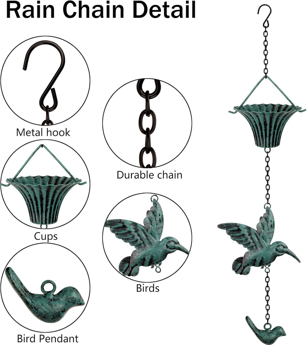 Rain Chain 8 FT,Wrought Iron Rain Chains for Gutters,Rain Chains for Outside with Hummingbird and Cup Rain Chains,Rainwater Catcher Chain, Outdoor Garden Decor(Antique Blue)