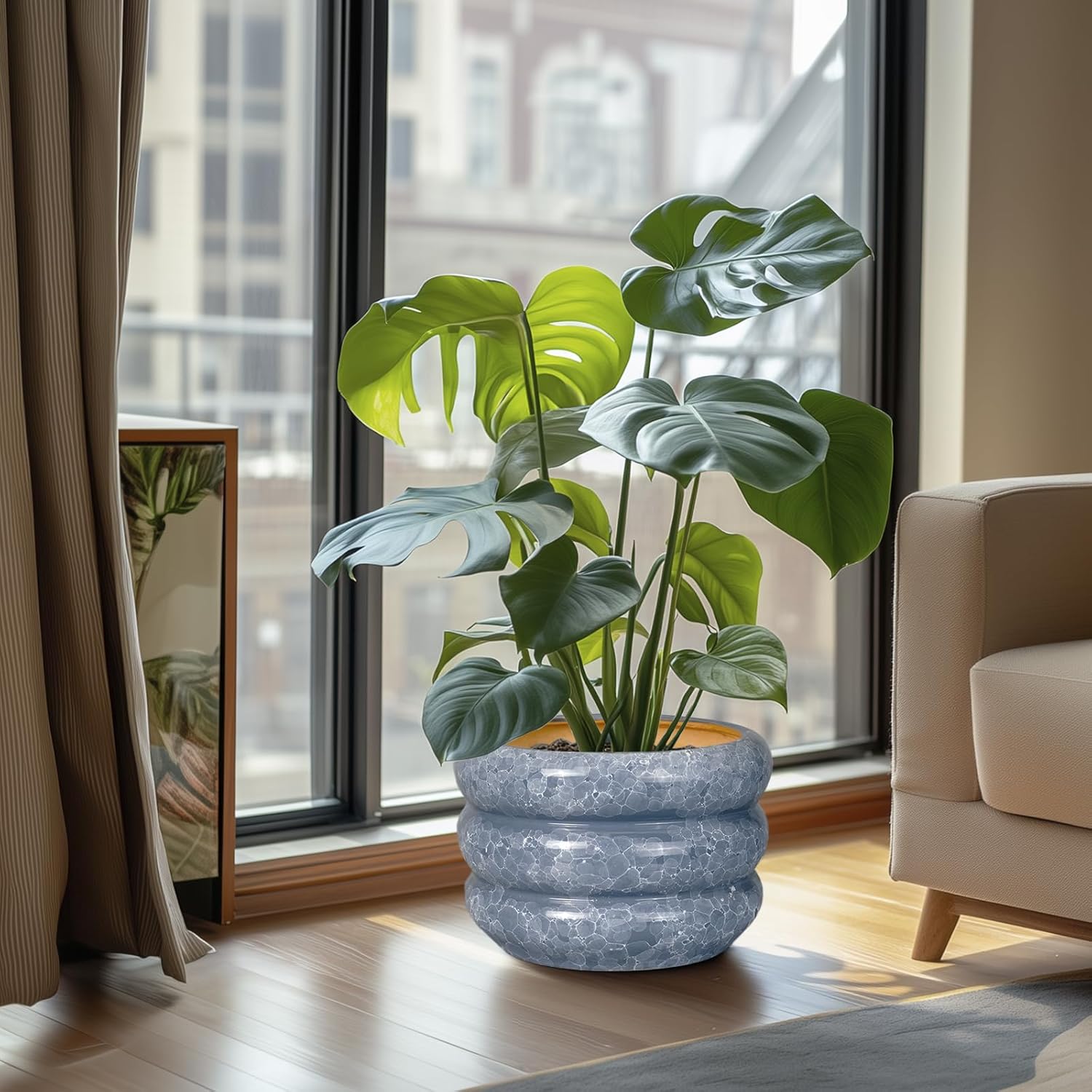 SQOWL Ceramic Planter 10 Inch - Indoor Plant Pot with Drainage Hole Outdoor Planter Large Flower Pot Modern Decorative Plant Pot for Bathroom Room Decorations Gray