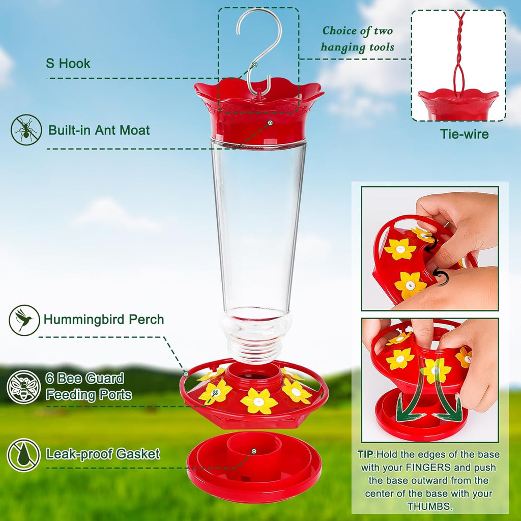 Glass Hummingbird Feeders for Outdoors Hanging Ant and Bee Proof Clear 10 OZ 2 Pack Bird Feeders for Outside Hanging 6 Feeding Stations Bird Nectar Feeder for Garden Yard Décor Gifts for Mom