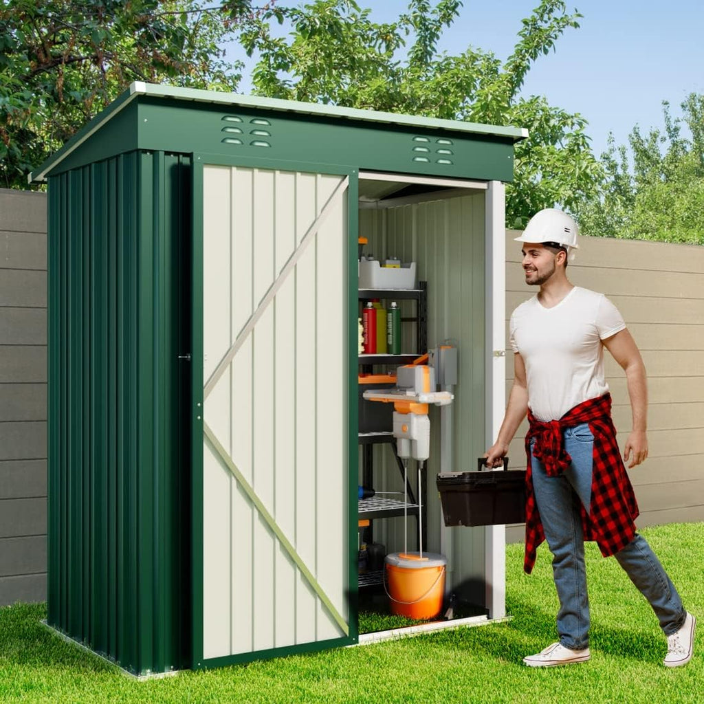 Gizoon 5' x 3'Outdoor Storage Shed with Singe Lockable Door,Galvanized Metal Shed with Air Vent Suitable for The Garden,Tiny House Storage Sheds Outdoor for Backyard Patio Lawn-Green