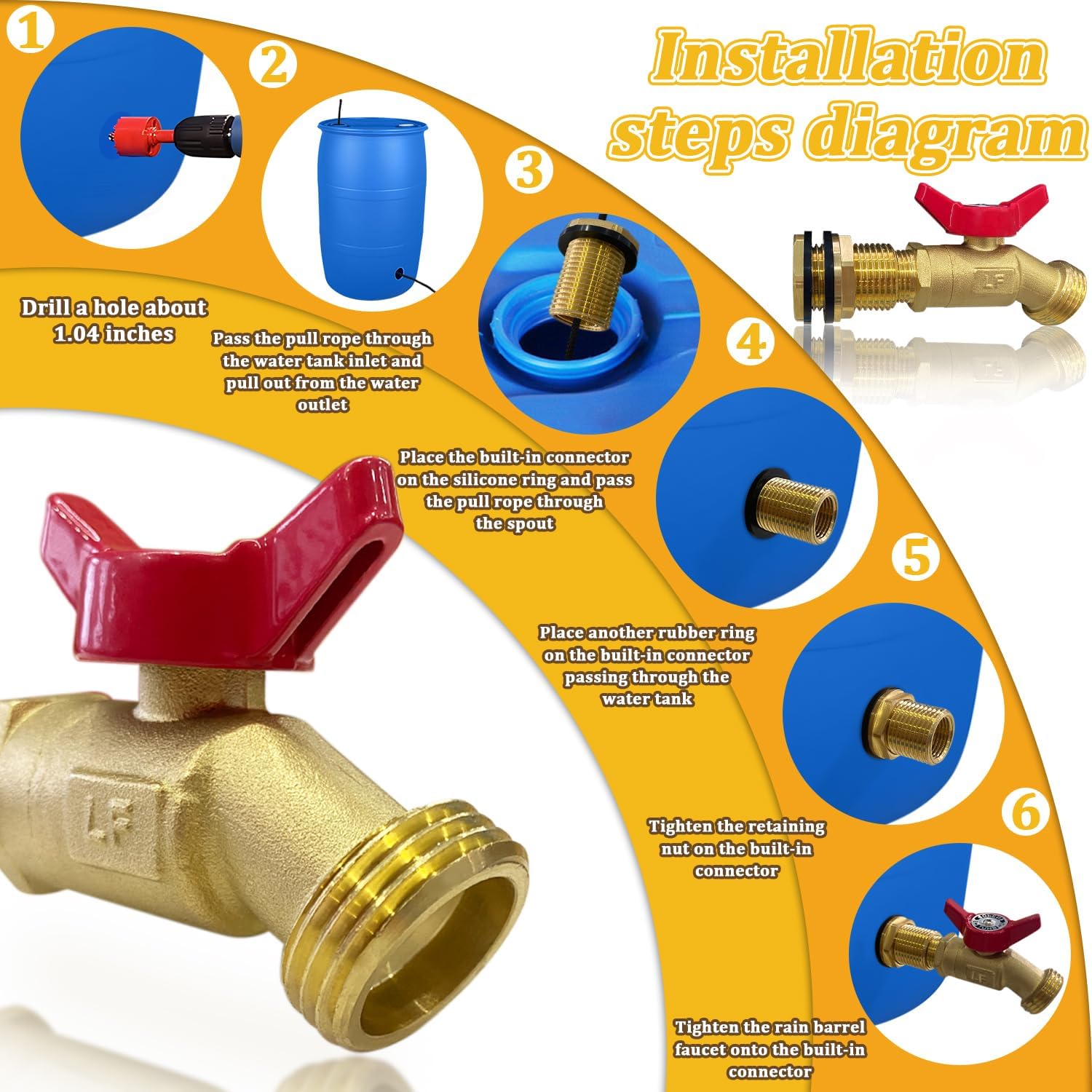 Brass Water Container Rain Barrel Faucets Lead-Free Spigot Kit 3/4" GHT Brass Rain Barrel Quarter Turn Ball Valve Spigot with Bulkhead Fitting Suitable for Garden Hose Thread Connection