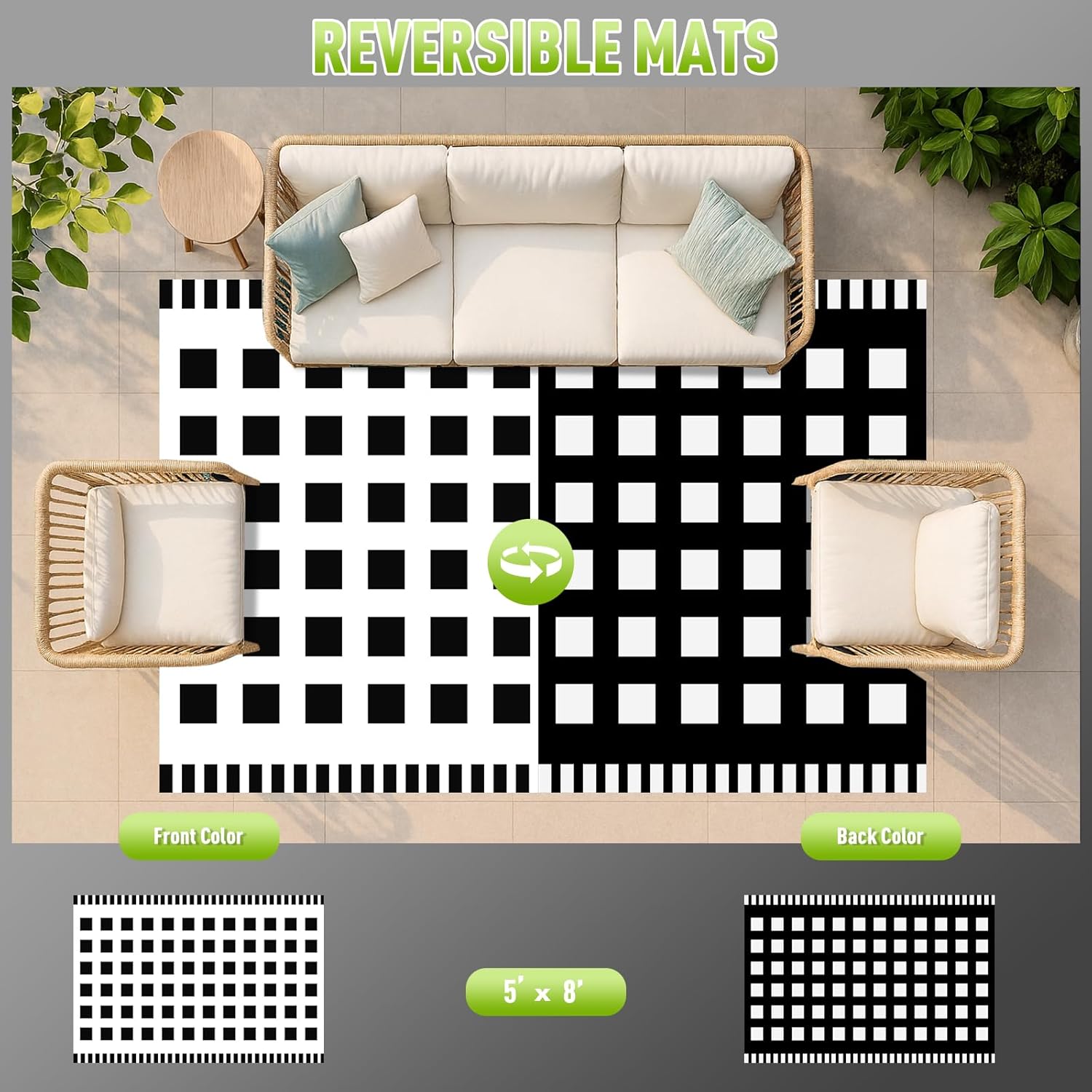 WILDROOTS 5x8 Feet Horizontal Edge Check Plastic Outdoor Rug, Stain Resistant Waterproof Reversible Outdoor Patio Rug, Fade Resistant Camping Rug