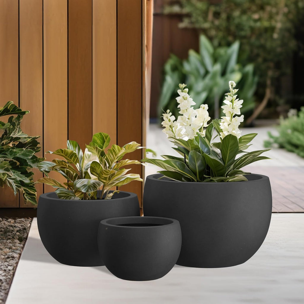 Kante 19.9",15.7",11.8" Dia Round Concrete Planter Set of 3, Outdoor/Indoor Large Bowl Plant Pots with Drainage Hole and Rubber Plug for Garden Patio Balcony Home, Black