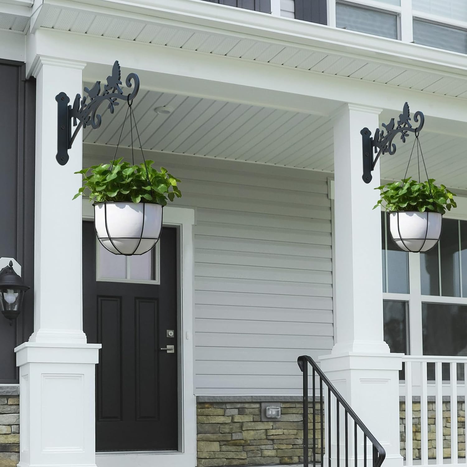 Metal Hanging Plant Bracket with Birdie Pattern 2 Pack – Heavy Duty Plant Hooks for Hanging Flower Baskets，Plants, Bird Feeder, Wind Chime - Indoor/Outdoor Use，Black Matte Texture (12 in)