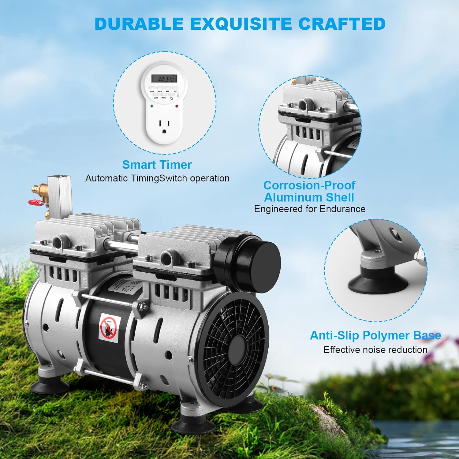 Pond Aerator, Ponds & Lake Aeration System, 5.76CFM for Up to 3 Acre, Includes 3/4 HP Compressor, 100' Weighted Tubing, 2 Diffusers for Outdoor Large Pond & Lake Aerator Pumps Water Oxygen Circulation