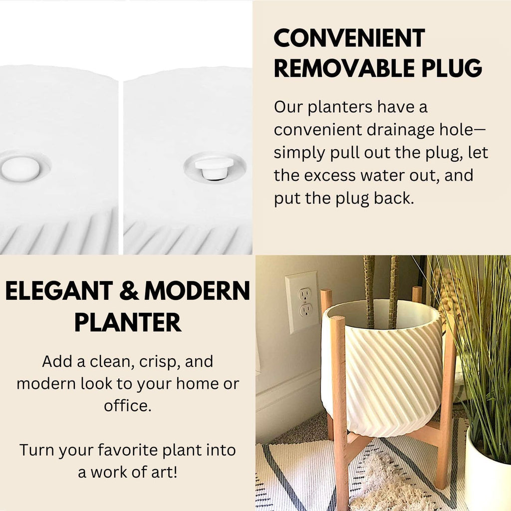 Fox & Fern Large 12 Inch Planter with Drainage Plug — Premium Polystone White Plant Pot; Modern Planter with 3D Texture and Ceramic Finish; 12 Inch Pots for Plants Indoor & Outdoor