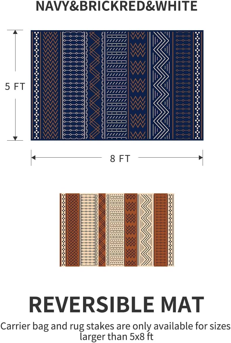 Outdoor Rug Carpet Waterproof 5x8 ft Patio Rug Mat Indoor Outdoor Area Rug for RV Camping Picnic Reversible Lightweight Plastic Straw Outside Rug for Patio Decor Decoration Boho Rug Navy Red