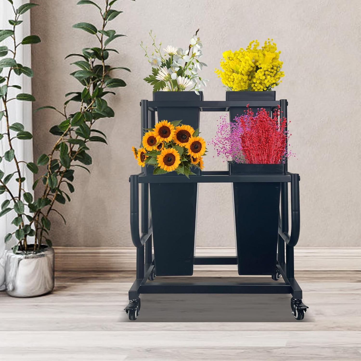 Tongmo 2-Tier Flower Display Stand with 4 Buckets - Movable Plant Cart for Heavy Duty Flower Rack - Perfect for Flower Shops, Homes, Cafés, and Offices (2-Tier with Bucket)