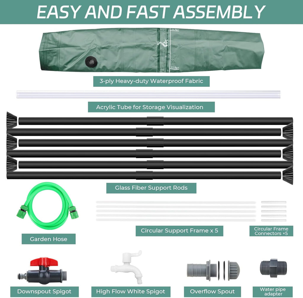 Rain Barrels to Collect Rainwater from Gutter - Portable Water Storage Tank Water Barrel Rainwater Collection System Rain Catcher Include Filter Two Spigots and Overflow Kit (53 Gallon,Green)