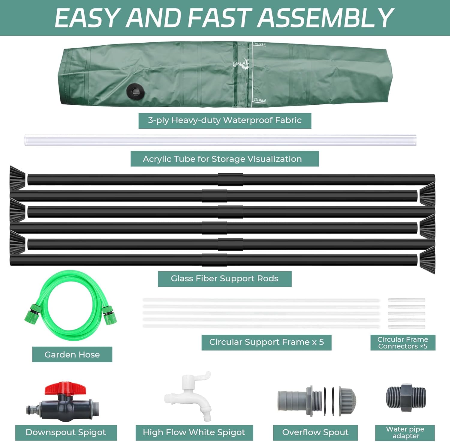 Rain Barrels to Collect Rainwater from Gutter - Portable Water Storage Tank Water Barrel Rainwater Collection System Rain Catcher Include Filter Two Spigots and Overflow Kit (53 Gallon,Green)