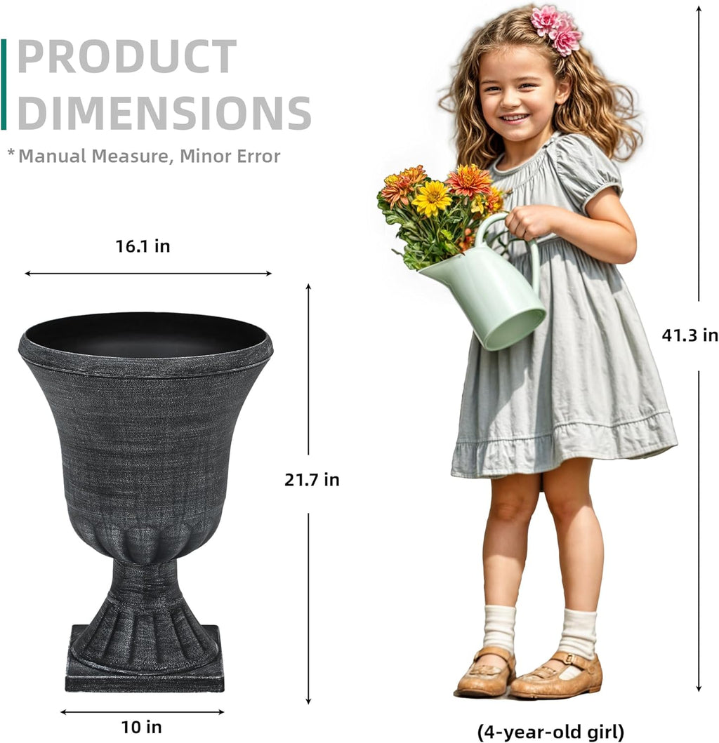 22" Large Urn Planters (Set of 2), Handmade Washed Black Plastic Flower Pots, Weatherproof for Porch, Garden, Patio or Home Décor