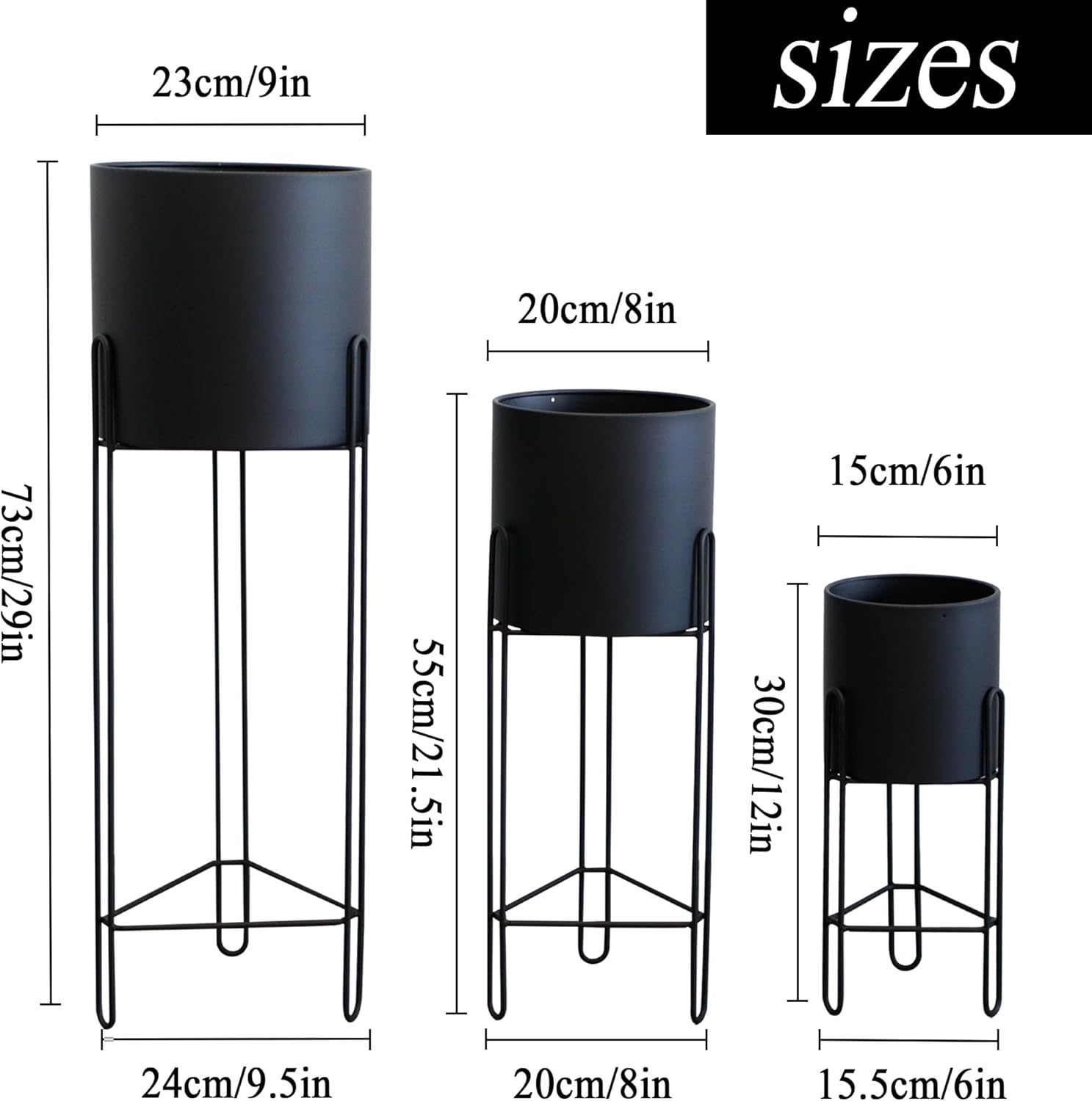 TRIROCKS Set of 3 Planters with Stand Indoor Otdoor Tall Planters for Indoor Plants 29 &18 &12" Morden Planters Flower Pots for Living Room Corner Kitchen Office Garden Balcony Patio Decor(Black)
