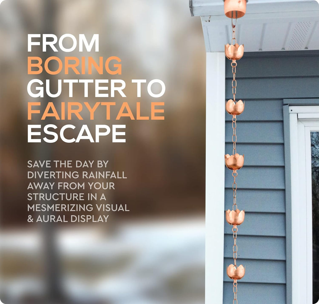 Copper Rain Chain – Decorative Chimes & Cups Replace Gutter Downspout & Divert Water Away from Home for Stunning Fountain Display – 6.5’ Long for Universal Fit – Flower Style