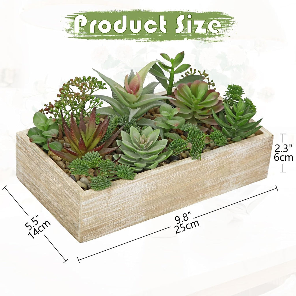 Artificial Succulent Plants in Pot 10 Inch Fake Succulent Arrangement Potted Succulents Plants Centerpiece in Rectangular Wooden Planter for Home Office Desk Shelf Living Room Bedroom Farmhouse Decor