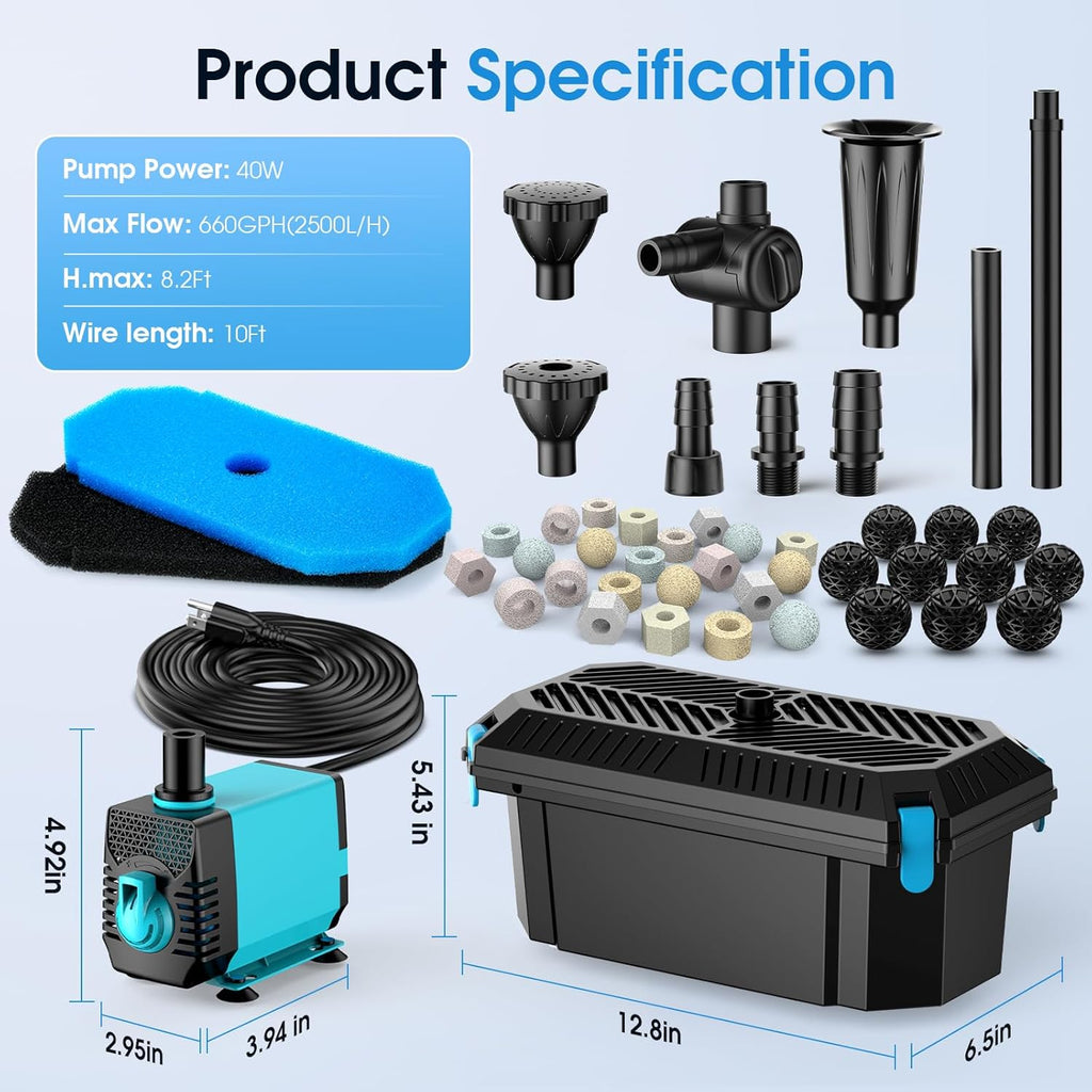 POPOSOAP Pond Filter with Pump Fountain Kits, 660GPH Pond Filter with 40W Pond Pump & Fountain Kit, Koi Pond Filters for Outdoor Ponds Clean, Clear, and Add Water Features(Corded Electric)