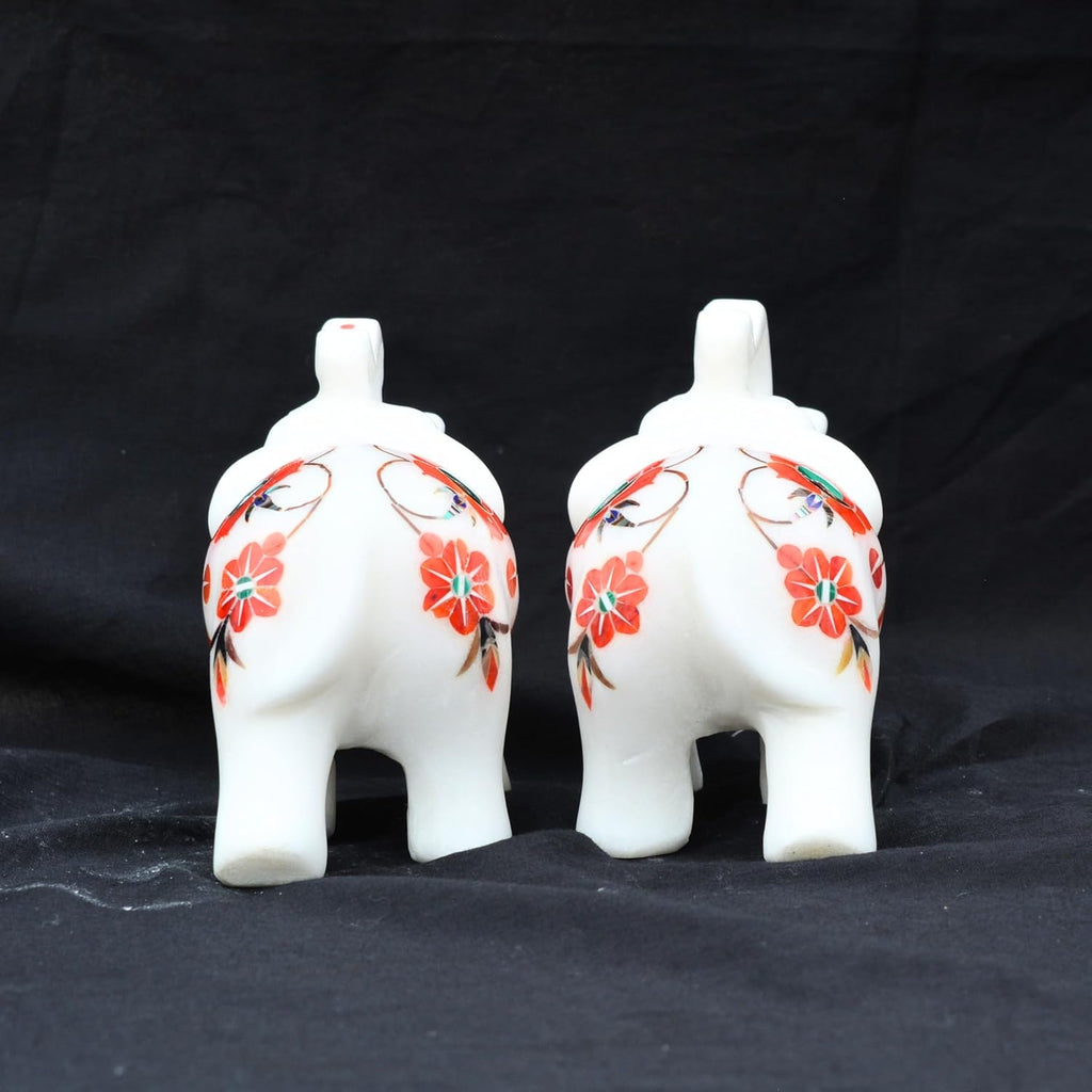 Marble Inlay Elephant Statue 4" Inch (2 Piece) Hakik Stone Inlay Work Semi Precious Stone - Hand Carved Artistic Sculpture Perfect for Home & Office Decor Elegant Decor for Any Space