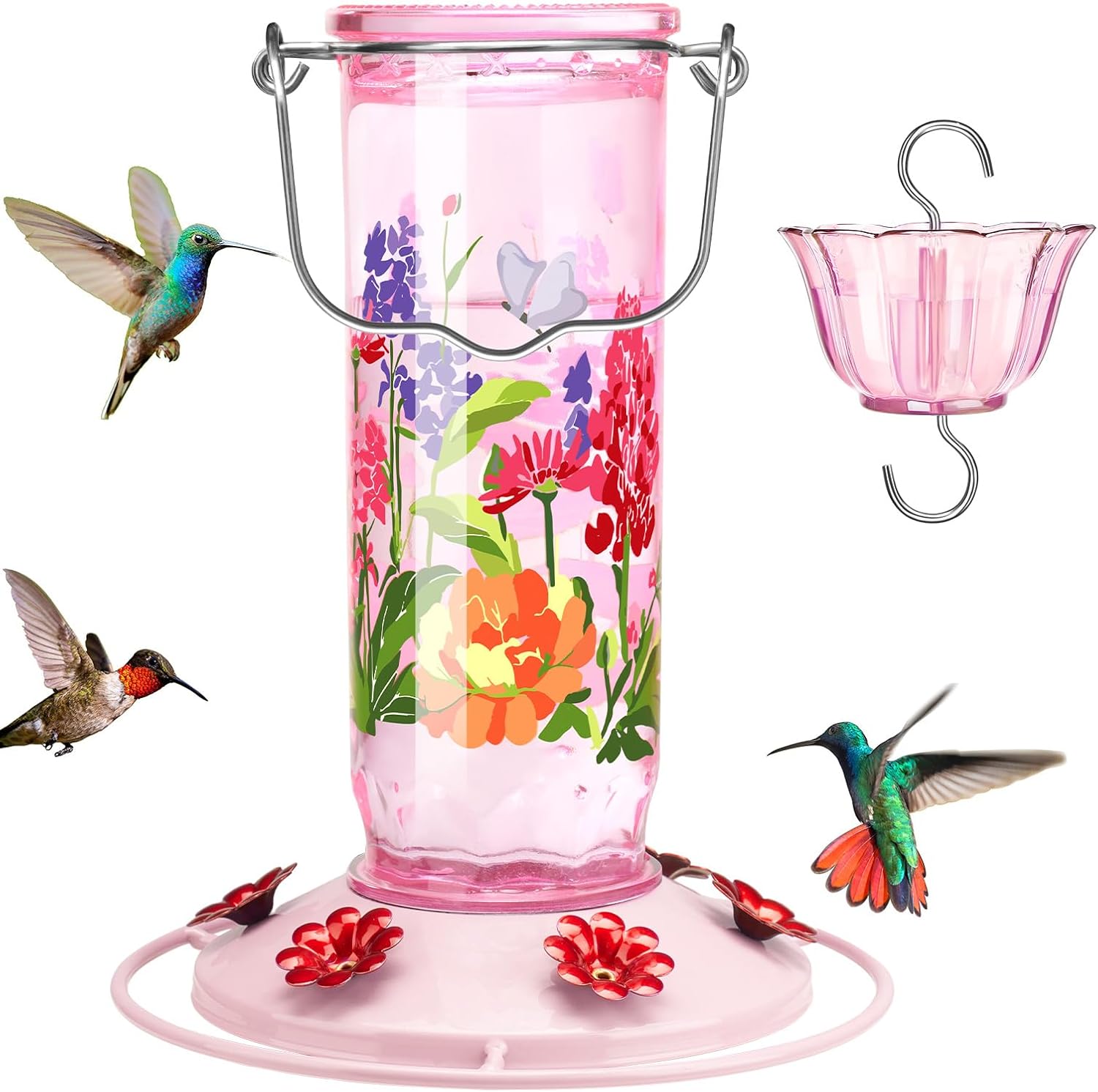 Kingsyard Hummingbird Feeder for Outdoor Hanging - Charming Patterned Glass Humming Bird Feeder with 6 Feeding Ports and Ant Moat, Ideal Gift Choice for Bird Lovers, Pink