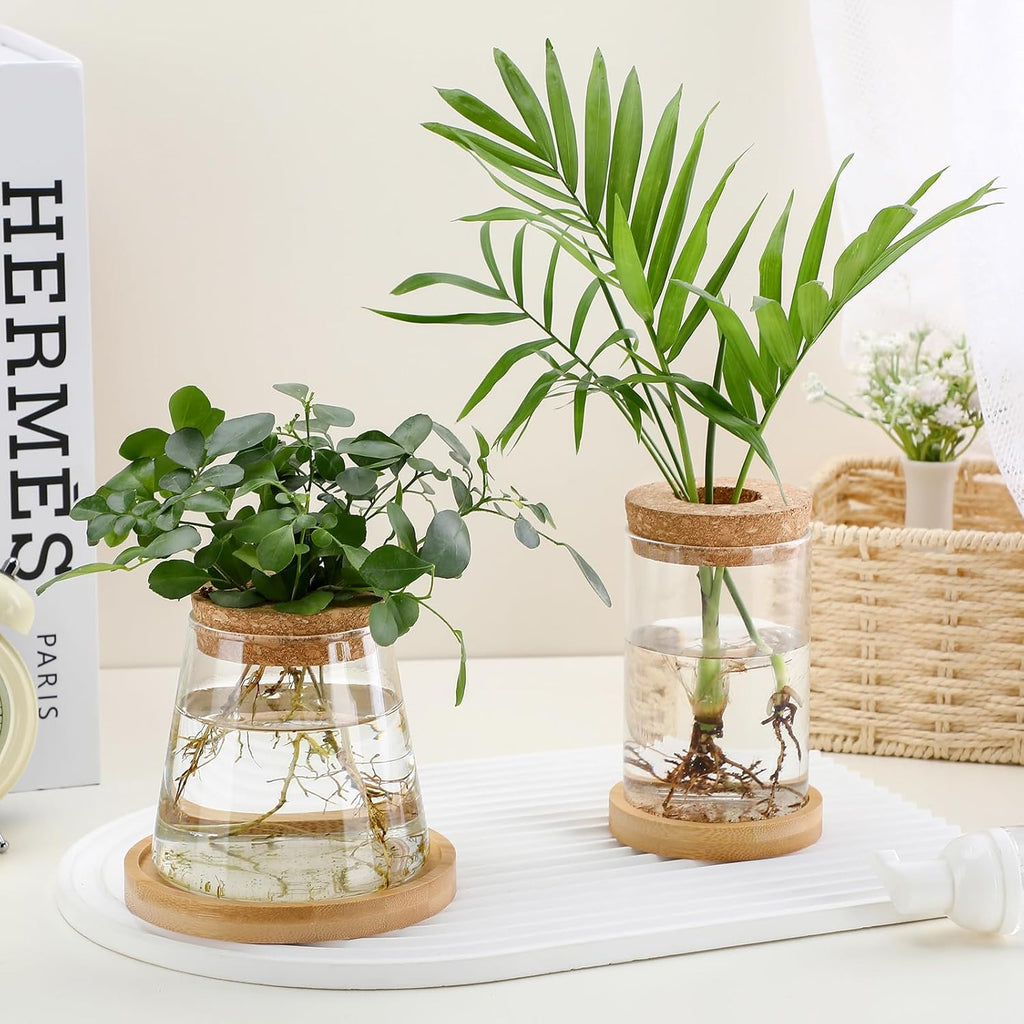 Layhit 4 Pcs Plants Propagation Stations vases Glass Planters with Wooden Lid and Bamboo Stand for Hydroponic Plants Gardening Gifts for Women Mom Home Office Tabletop Decoration(Stylish Style)