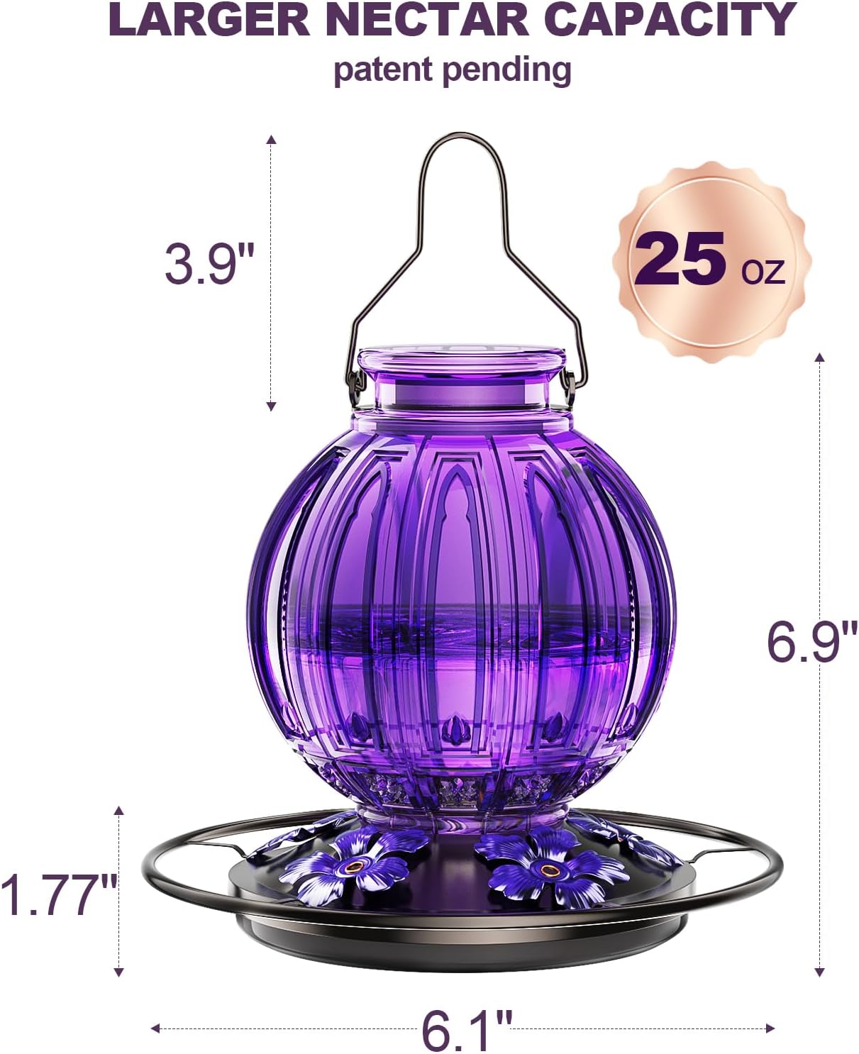 Glass Hummingbird Feeder for Outdoors Hanging, Bird Nectar Feeder with Perch & 5 Flower Feeding Ports, 26 Oz Leak Proof for Outside Garden Decor Backyard, Gifts for Women Mom, Purple