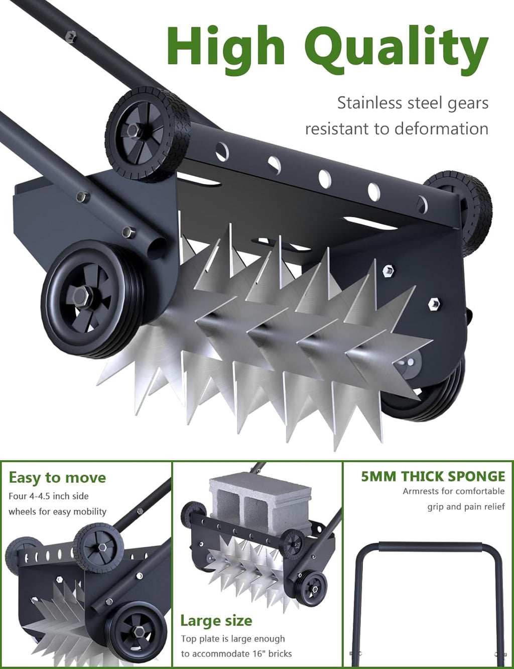 18-Inch Lawn Aerator Spike, Heavy Duty Push Spike Aerator, Rotary Lawn Aerator Tool, Manual Aerator Lawn Tool with Foam Armrests, Push Lawn Aerator with 4 Wheels for Lawn, Yard Aeration