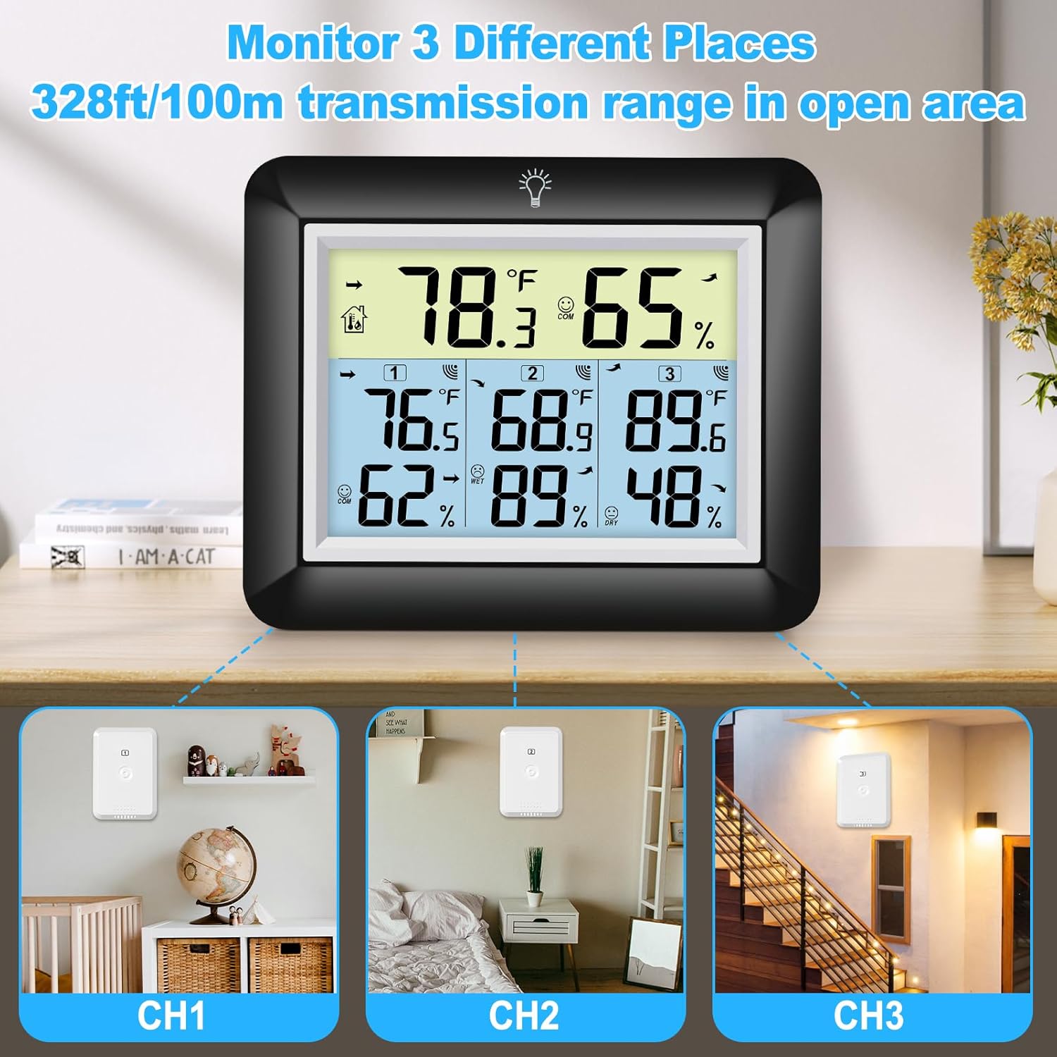Urageuxy Wireless Indoor Outdoor Thermometer Hygrometer, Digital Temperature and Humidity Monitor with 328ft Range Remote Sensor for Home, Greenhouse, Bedroom, Kitchen, Refrigerator, Black