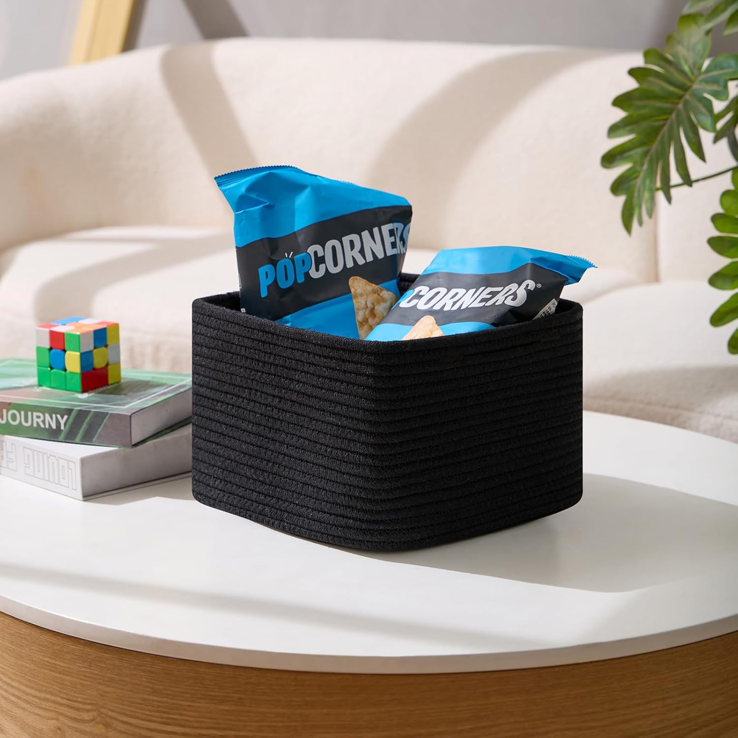 Small Organizing Baskets for Cubes Shelf, 9.7x9.7x7.1 Inch Rope Woven Storage Bins for Nursery Shelves Storage, Cute Toy Basket, Square 3 Packs Black