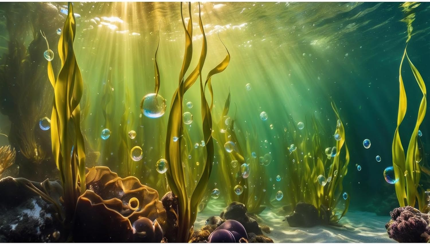 Aquarium Background Underwater Beautiful Coral Reef with Seaweed Bubbles Terrarium Backdrop Aquatic Plants Sunlight Rays Fish Tank Background Tank Aquarium Wallpaper Poster Decor Vinyl 30x18in