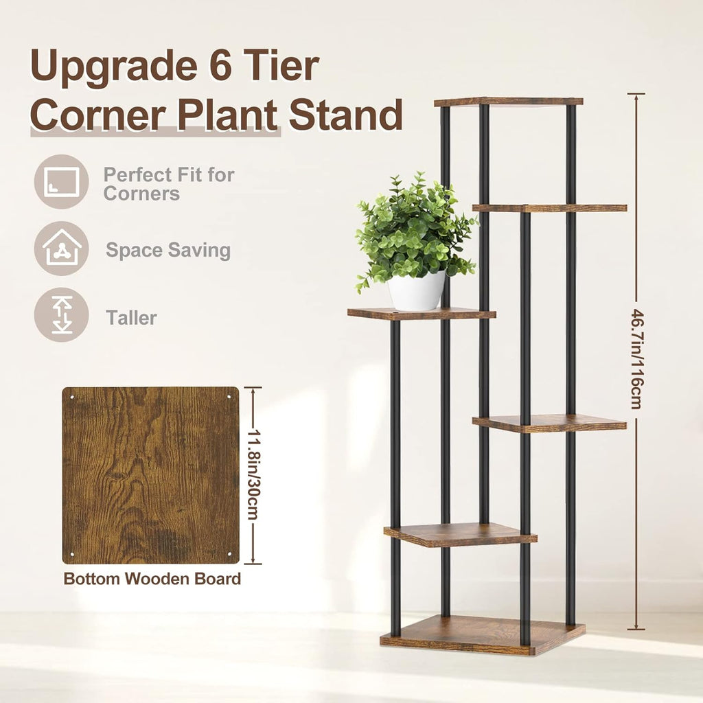 6 Tier Tall Plant Stand Indoor, Large Wood Metal Planter Shelf Holder for Narrow Corner, Sturdy Vertical Multiple Flower Orchid Pot Decorative Rack for House Living Room Bedroom Office, Rustic Black