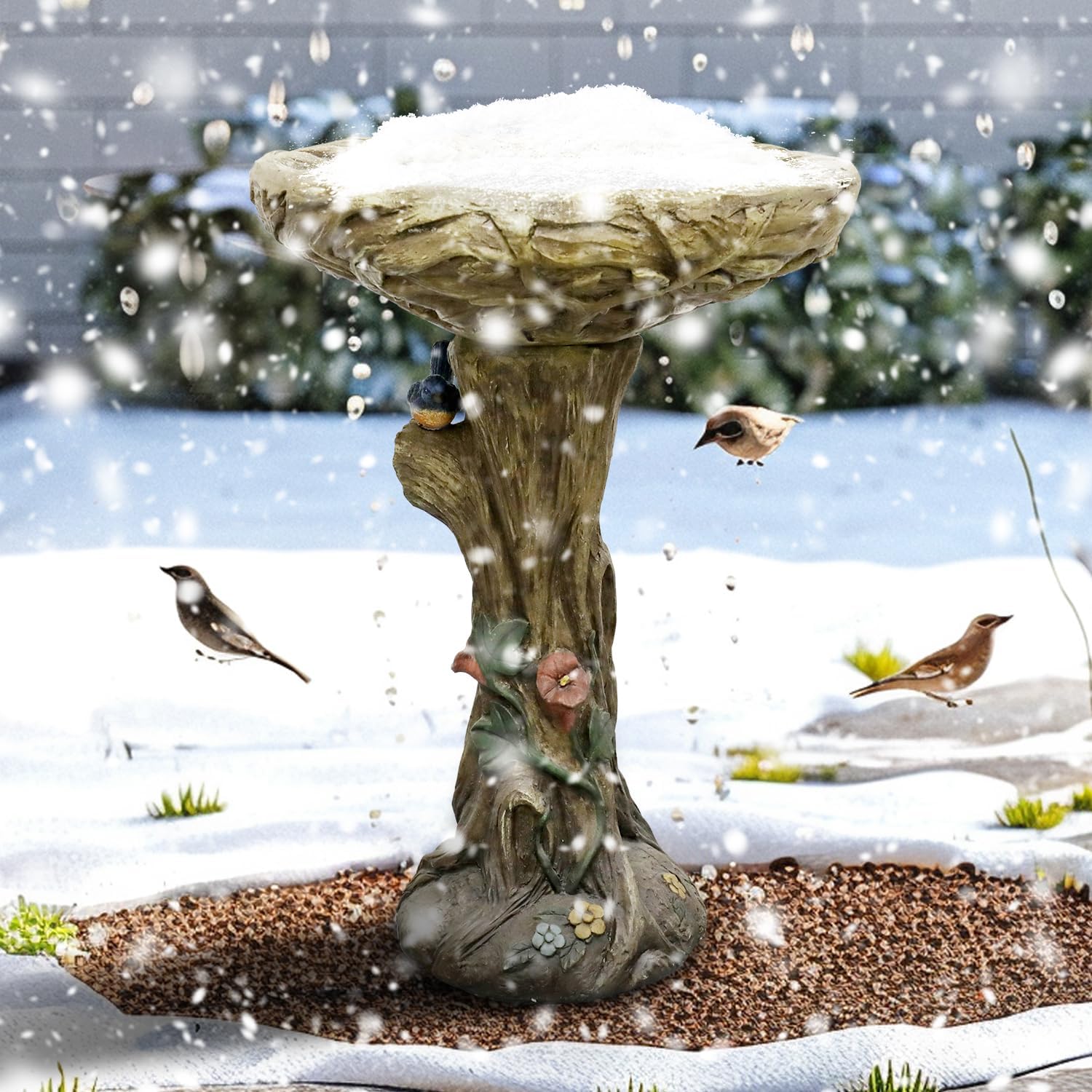 SKYFIRE 25.5” H Concrete Birdbaths for Outdoors -Large Woodland Tree Trunk Yard Statue Decoration，Vintage Birdbath with Bird Figurines Yard Statue for Garden, Patio, Lawn, Backyard