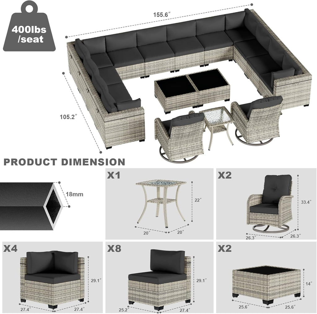 17-Piece Patio Furniture Set, Outdoor Patio Furniture with Swivel Chairs Set, Thick Cushions, Modular Patio Sofa, Dual-Strand Wicker Rattan, Rust-Resistant Frame, Black