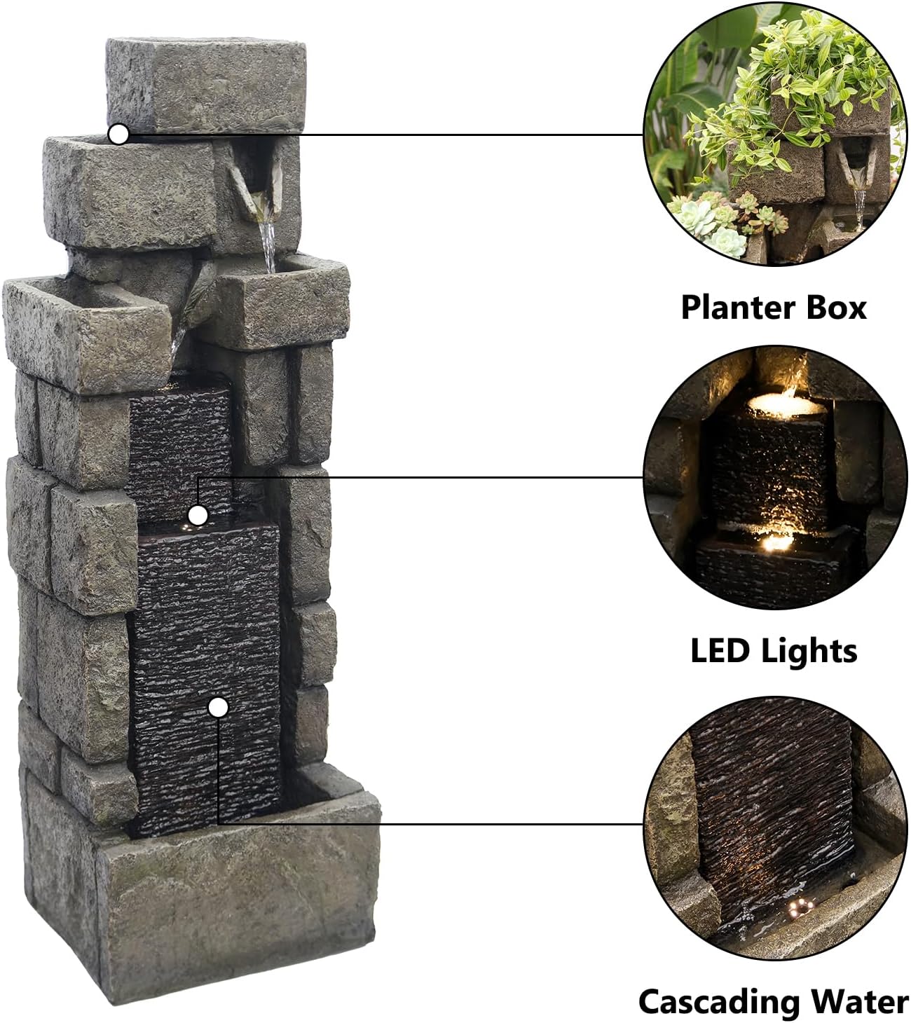 YZM 42.72" H Modern Stacking Bricks Water Fountain Outdoor Cascading Waterfall Fountains with Led Lights for Gardens Landscaping Patios Balconies and Lawns Decor for Outside