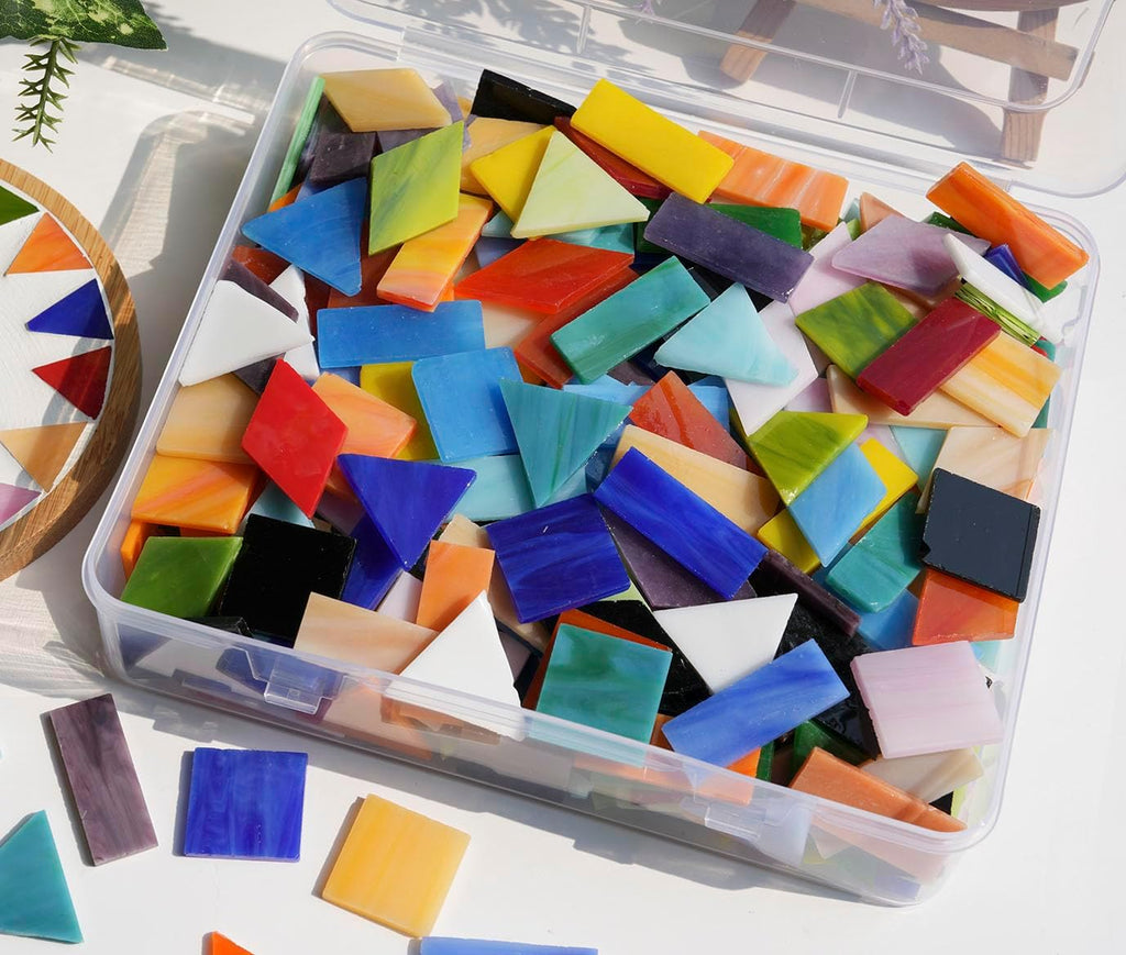 Lanyani 2.4lb Bulk Extra-Large Mosaic Glass Tiles, Opaque Stained Glass Tile Mosaic Pieces in Vibrant Mixed Colors, 4 Shapes for DIY Crafts and Hobbies