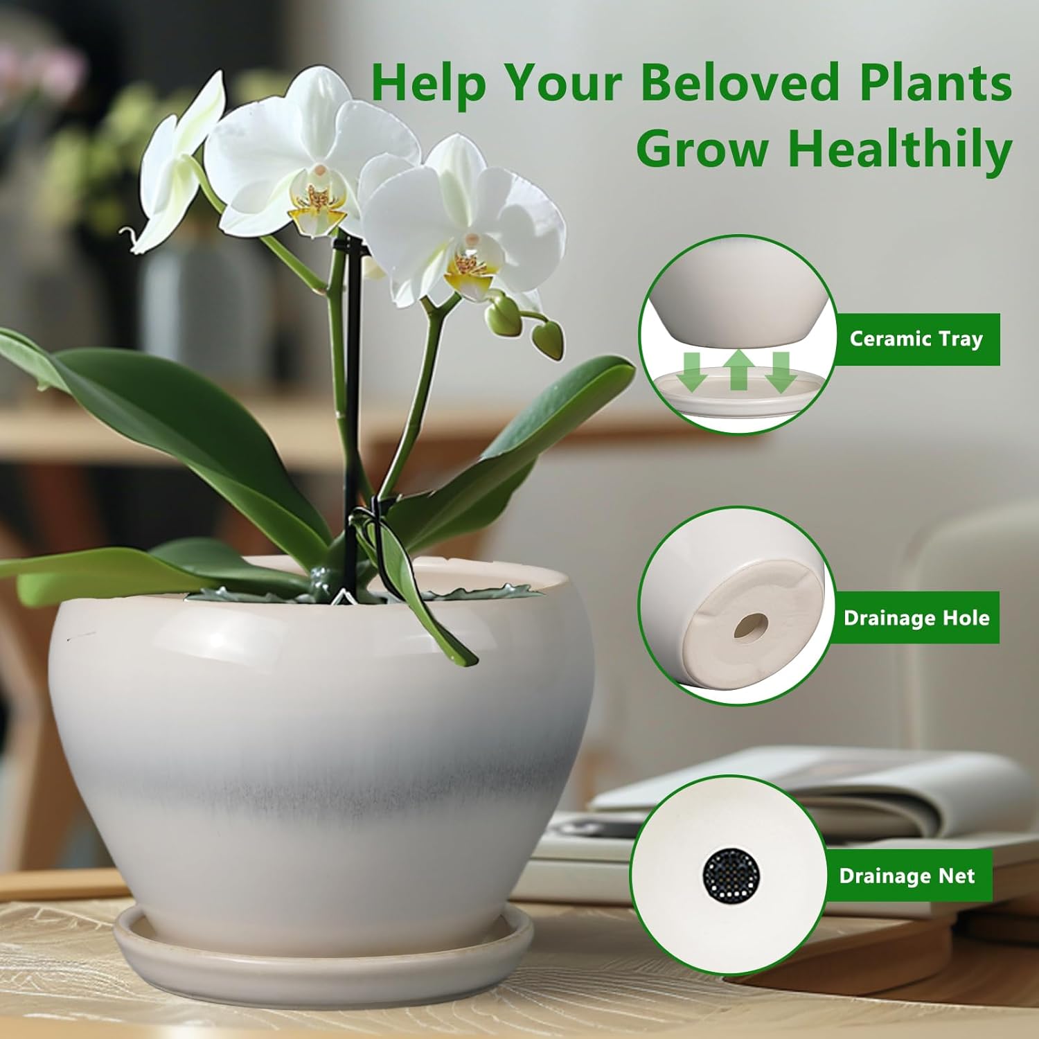 10 Inch Ceramic Planter Pot - Large Plant Pot with Drainage Hole and Saucer Round Flower Pot for Indoor Plants, White