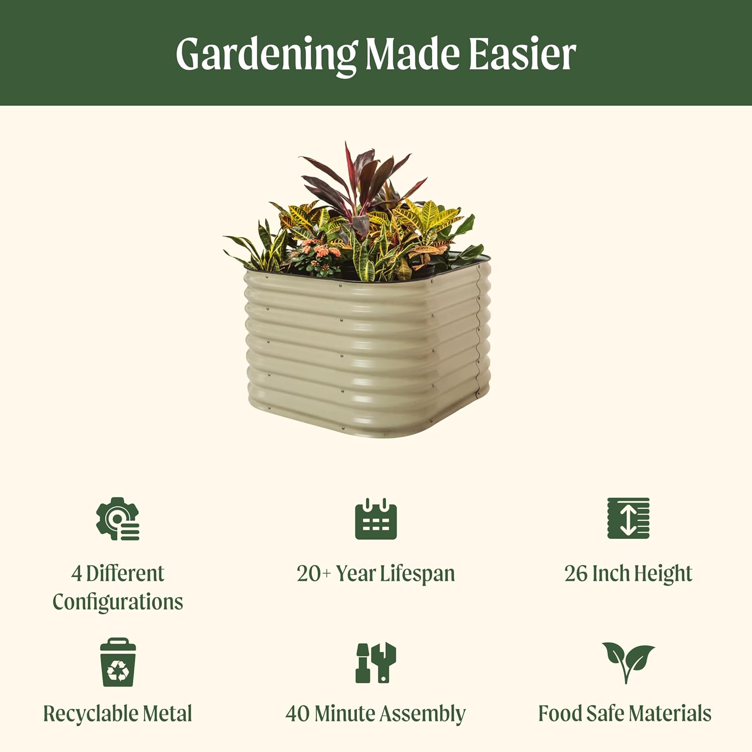 Vego garden 26" Extra Tall Raised Garden Bed Kits, 4 in 1 Modular Raised Planter Box for Vegetables Flowers Fruits Oval Metal Raised Garden-Olive Green