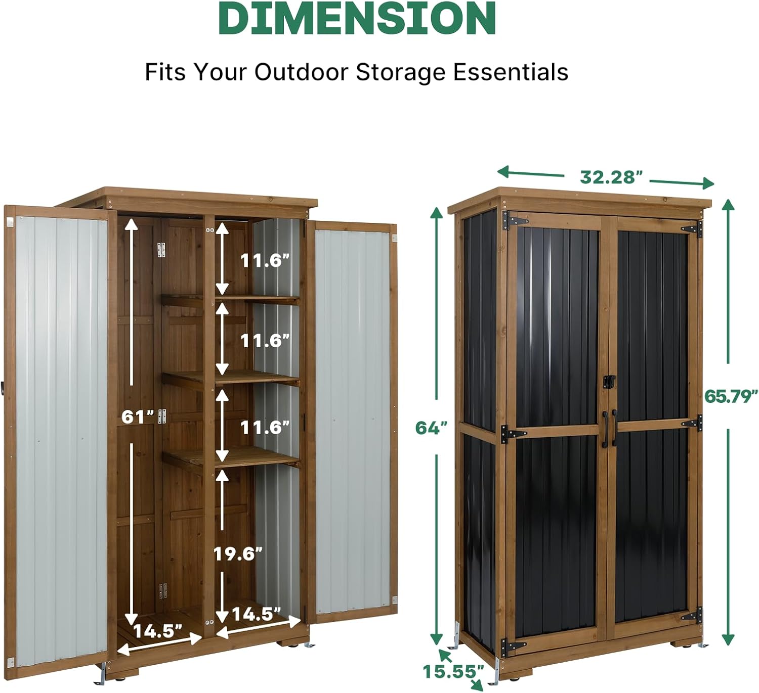 Outdoor Storage Cabinet, Wood & Metal Tall Tool Shed with Weather-Resistant Roof, Double Lockable Doors, 3 Removable Shelves & Adjustable Feet, for Patio, Garden, Backyard, 32" x 15.5" x 66"