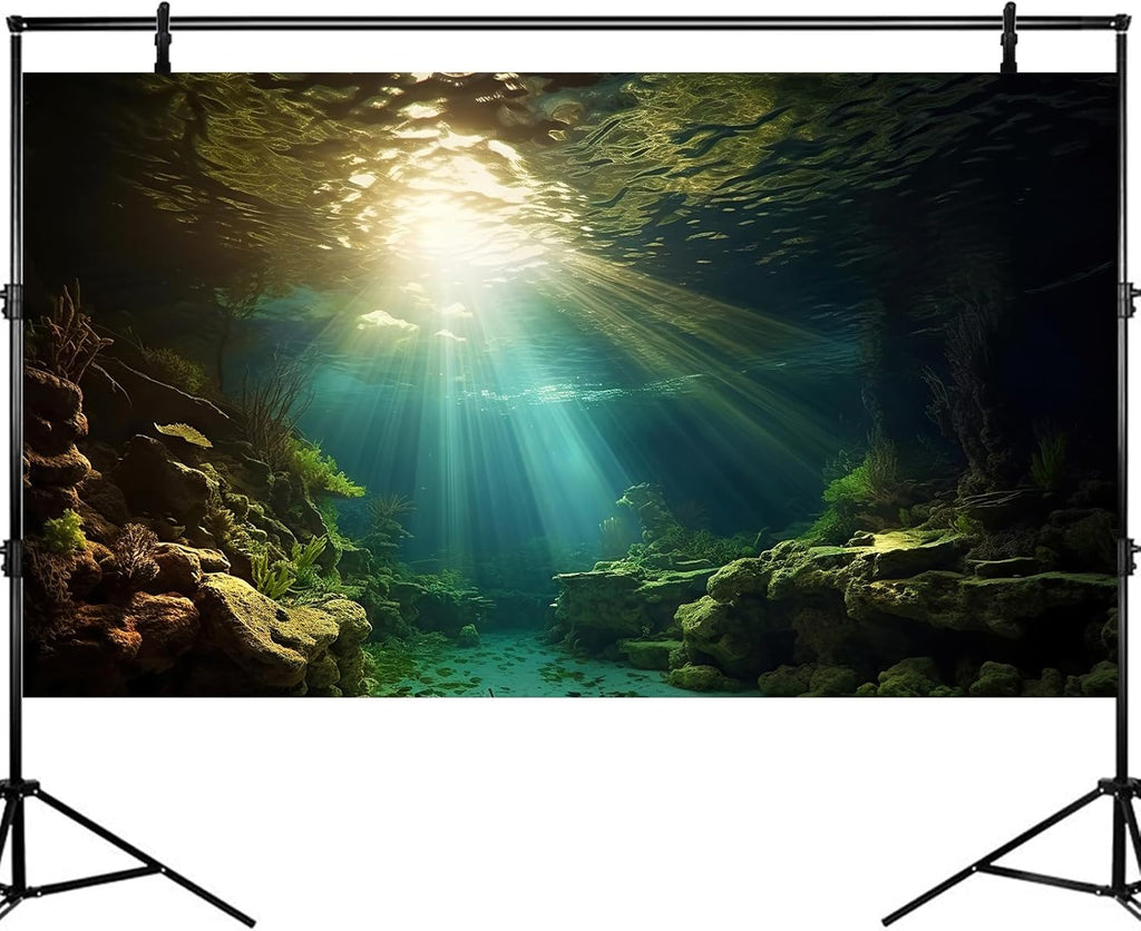 Fish Tank Background Under The Sea Aquarium Background Ocean Floor Sunray Rock Terrarium Backgrounds Coral Reef Aquatic Plants Underwater Cave Aquarium Wallpaper for Fish Tank Decorations 36x20in