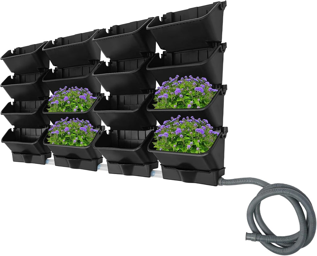 20Pack Vertical Wall Planter, 13 inch Wall Mounted Garden Planters, Stackable Wall Hanging Planter, Plastic Flower Pot with 4 Drainage Tray & 6.56FT Drainage Pipe for Indoor and Outdoor (Black)