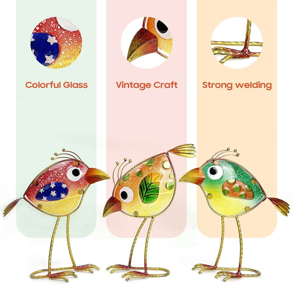 Garden Decor for Outside,Funny Metal & Glass Bird Decor for Indoor & Outdoor Set of 3,Yard Art Decor,Garden Art Statues Decorations,Colorful and Patriotic