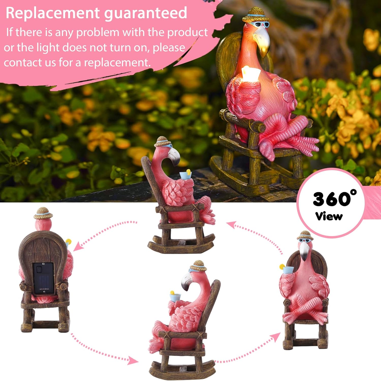 Solar Flamingo Statue for Outdoor Garden Decor - Resin Flamingo Fairy Garden Decor - Suitable for Home Desk Garden Lawn Patio Porch Decor, Unique Gifts for Mom Grandma (8.1 inch)