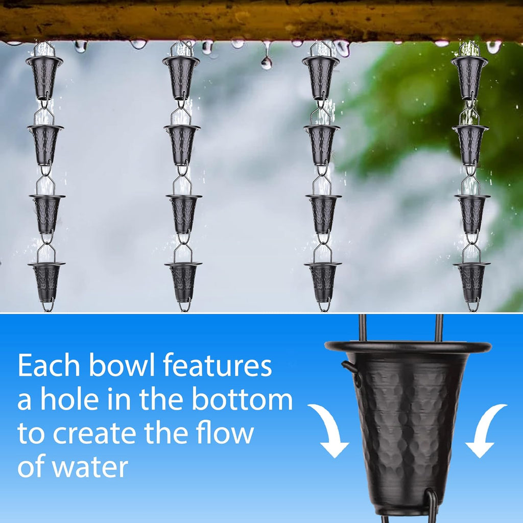 Hand-Hammered Fluted Rain Chain 8.5 FT – Black Powder-Coated Aluminum - Functional and Decorative Replacement for Gutter Downspouts - Premium Rain Chains for Gutter