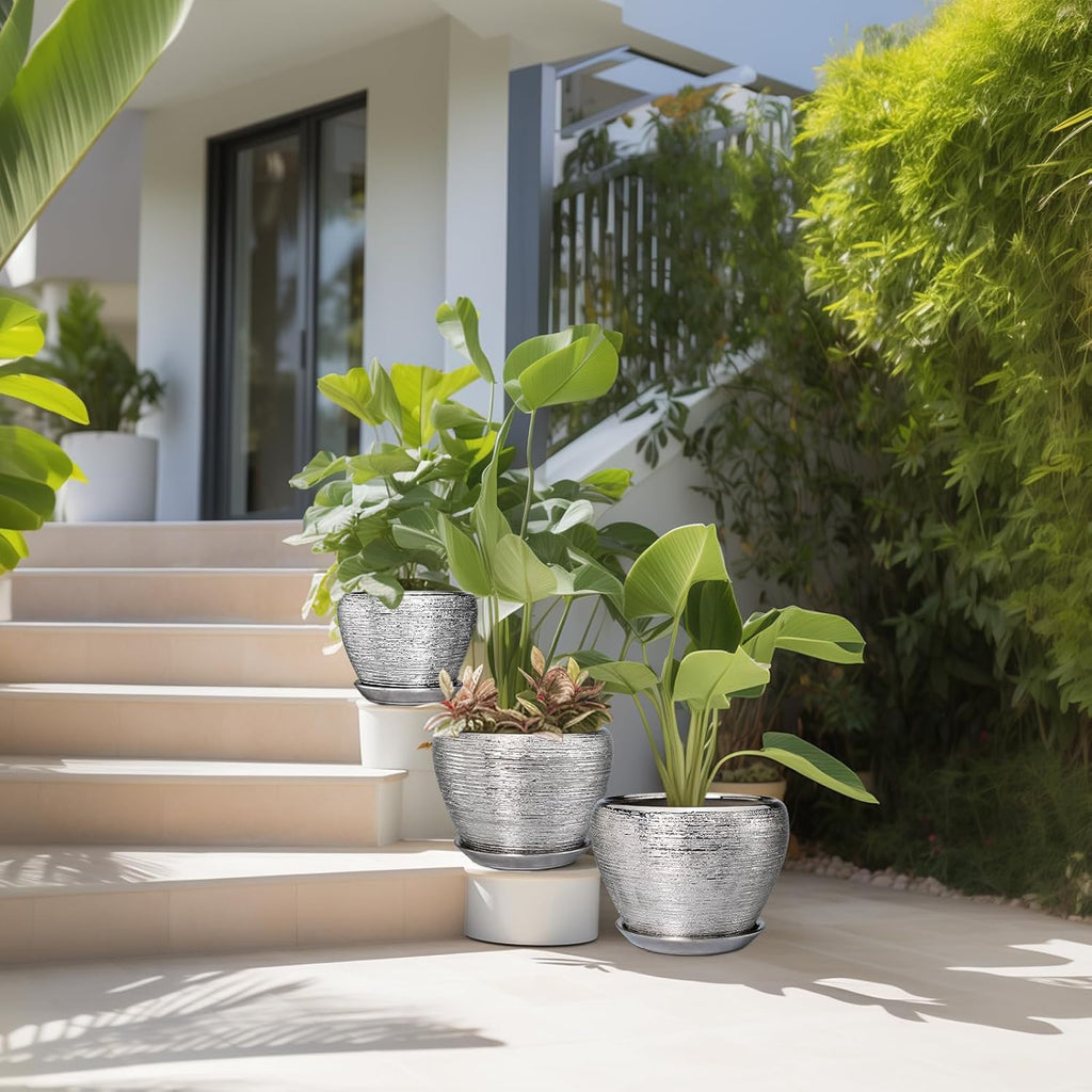 Ceramic Planters - 10 Inch 8 Inch 6 Inch Plant Pots Indoor with Drainage Holes and Saucer Mid-Century Large Planters Outdoor Flower Pots for Home Decor Set of 3 Silver