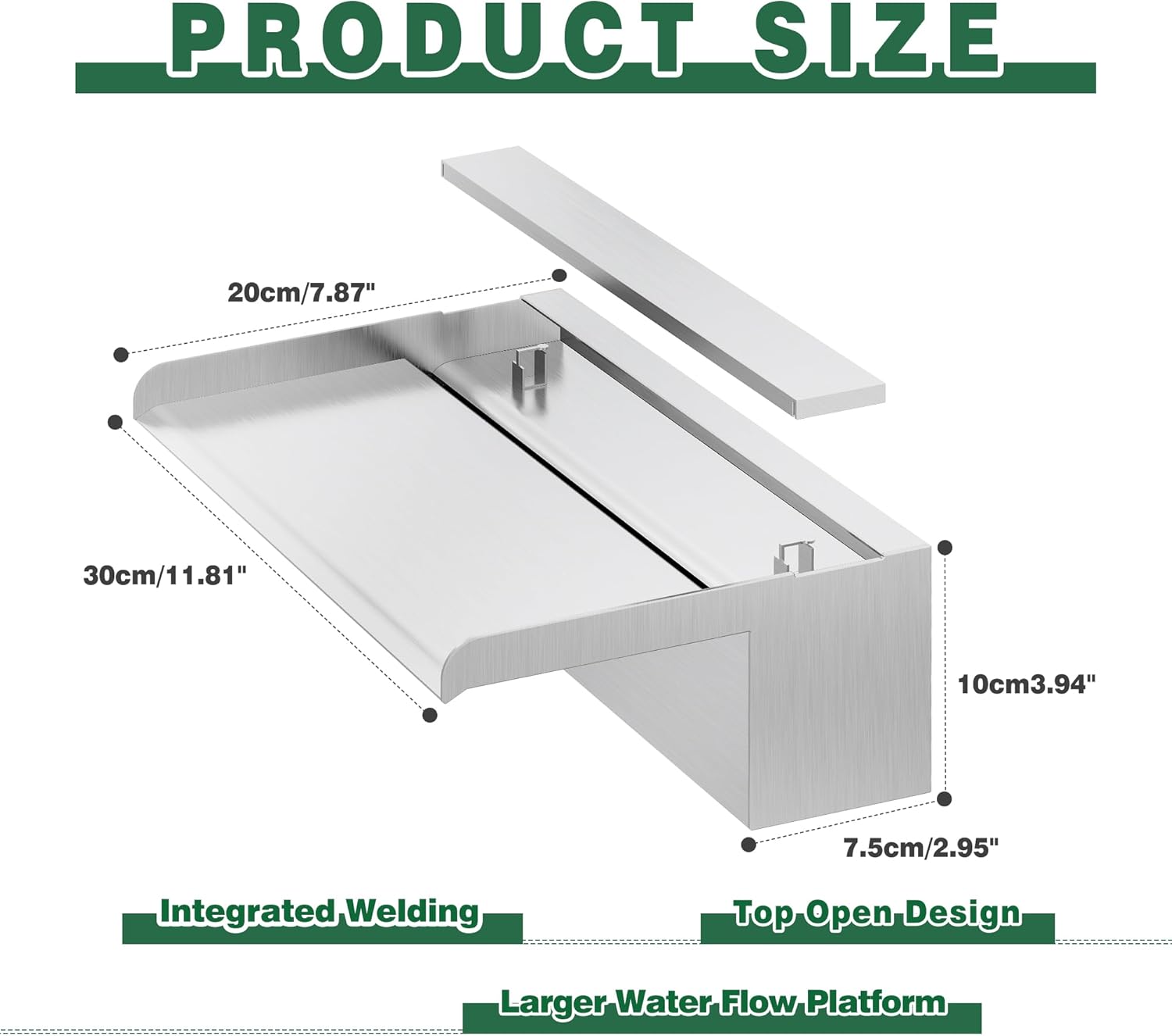 Waterfall Pool Fountain, LONGRUNNEW Stainless Steel Waterfall Spillway with Pipe Connector Kits for Outdoor/Indoor Decorative, 11.8 Inches Pool Water Feature for Garden Patio, Backyard Koi Pond Decor